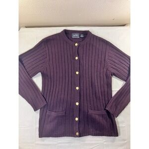 Classics Lauren Brooke Women's Purple Ribbed Full Button Cardigan Sweater Size M